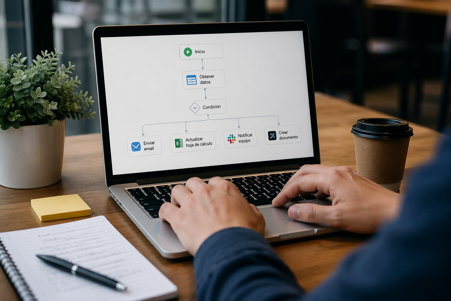 Persona trabajando en un portátil con un flujo de automatización en pantalla, representando procesos automatizados en un entorno de trabajo moderno.